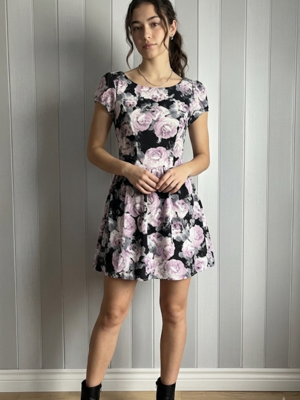 YK2 Goth Floral Rose Mini Dress Pastel Grunge Coquette Fit n Flare Cap Sleeve 3